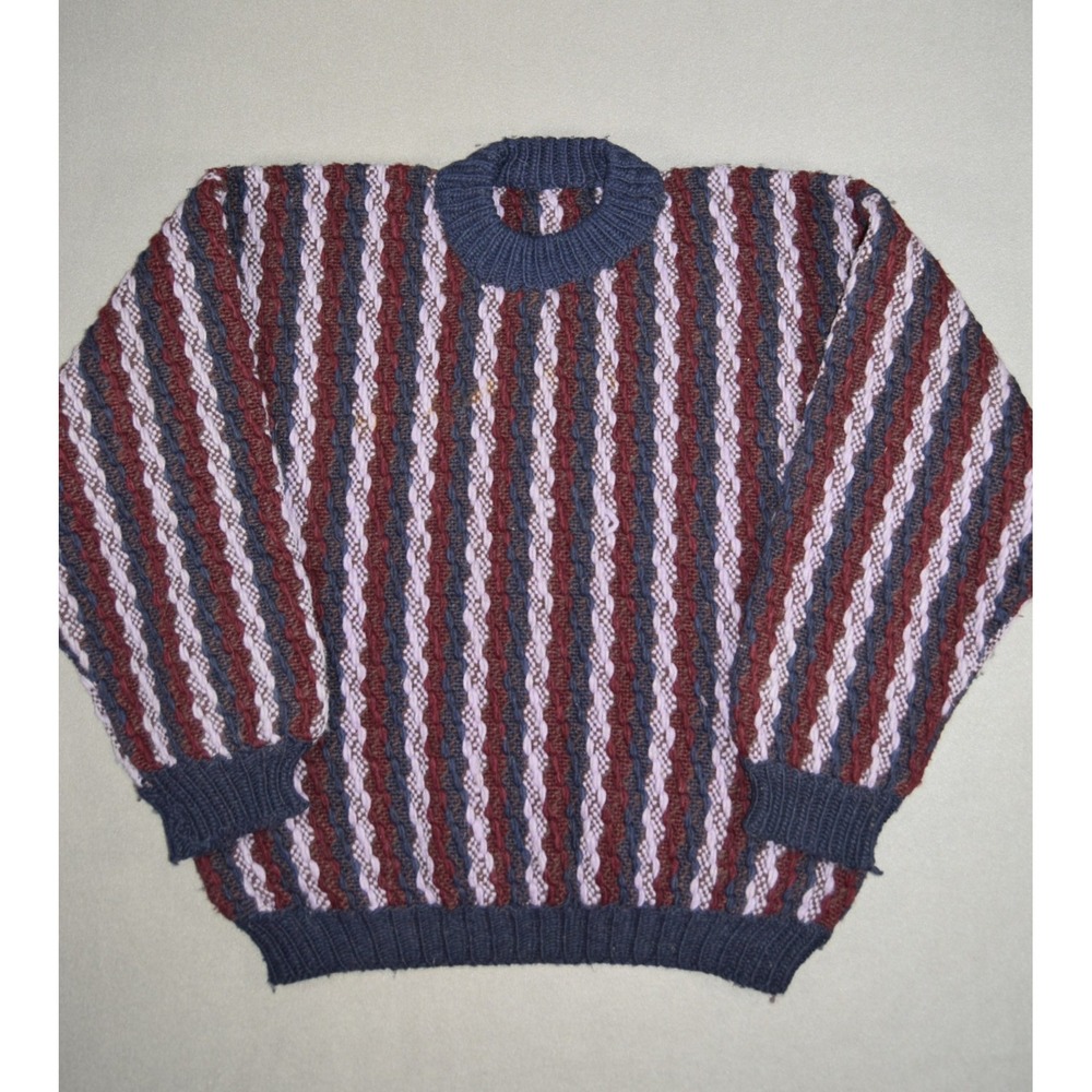 Vintage Wool Sweater Mens Large Striped Chunky Hand Knit Fisherman Crewneck